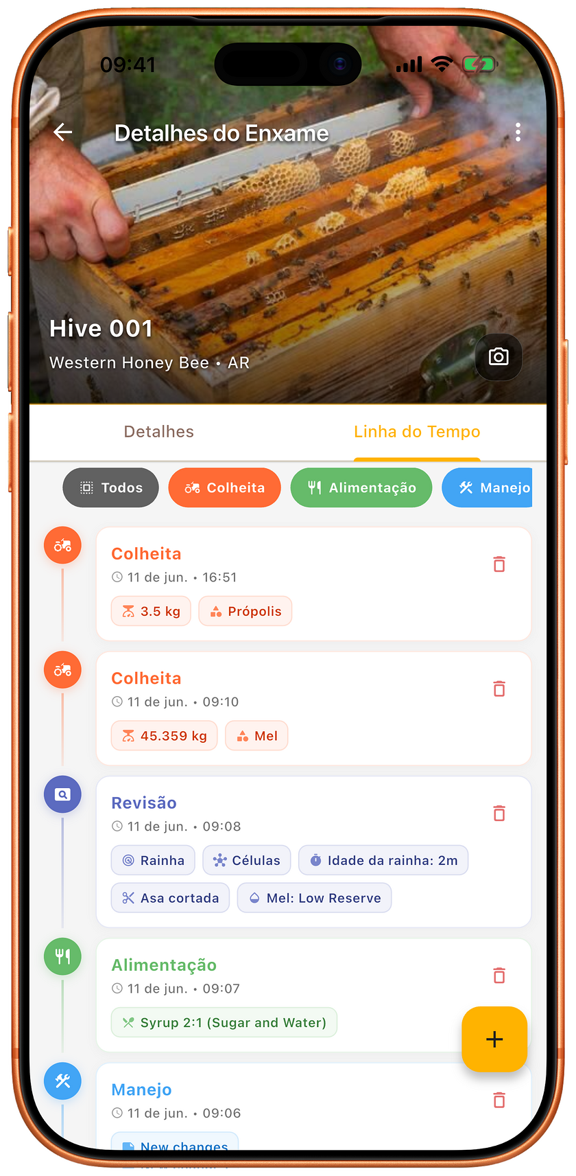 Linha do tempo de eventos de colmeia no HiveFlow